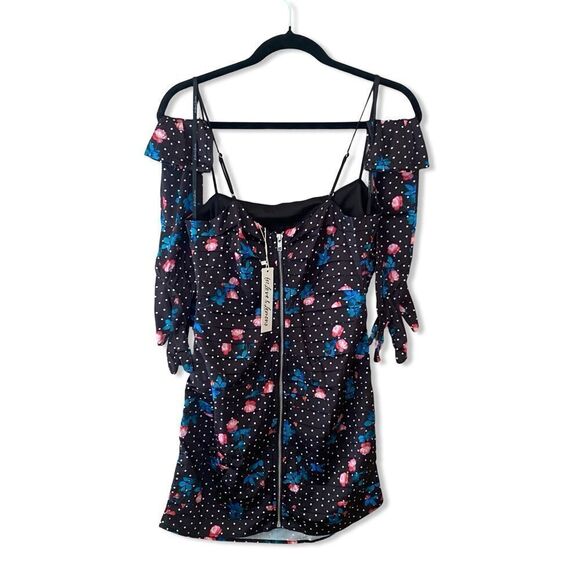 NWT For Love and Lemons posey mini dress black pink satin gloves M - Picture 7 of 13